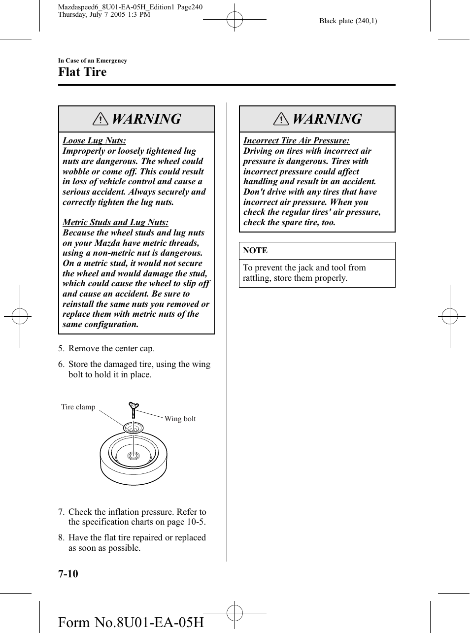 Warning, Flat tire | Mazda 2006 SPEED6 User Manual | Page 240 / 354