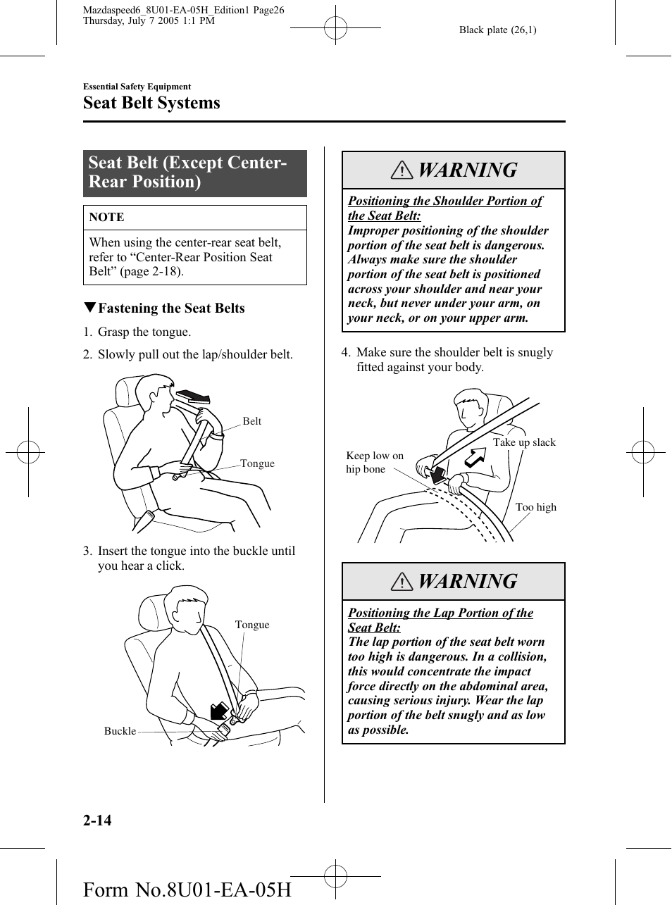 Seat belt (except center-rear position), Seat belt (except center-rear position) -14, Warning | Seat belt (except center- rear position), Seat belt systems | Mazda 2006 SPEED6 User Manual | Page 26 / 354