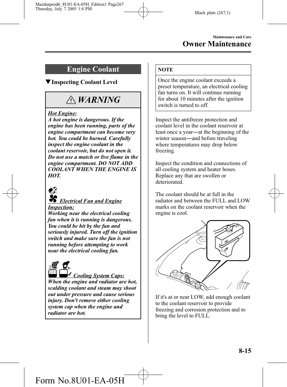 Engine coolant, Engine coolant -15, Warning | Owner maintenance | Mazda 2006 SPEED6 User Manual | Page 267 / 354