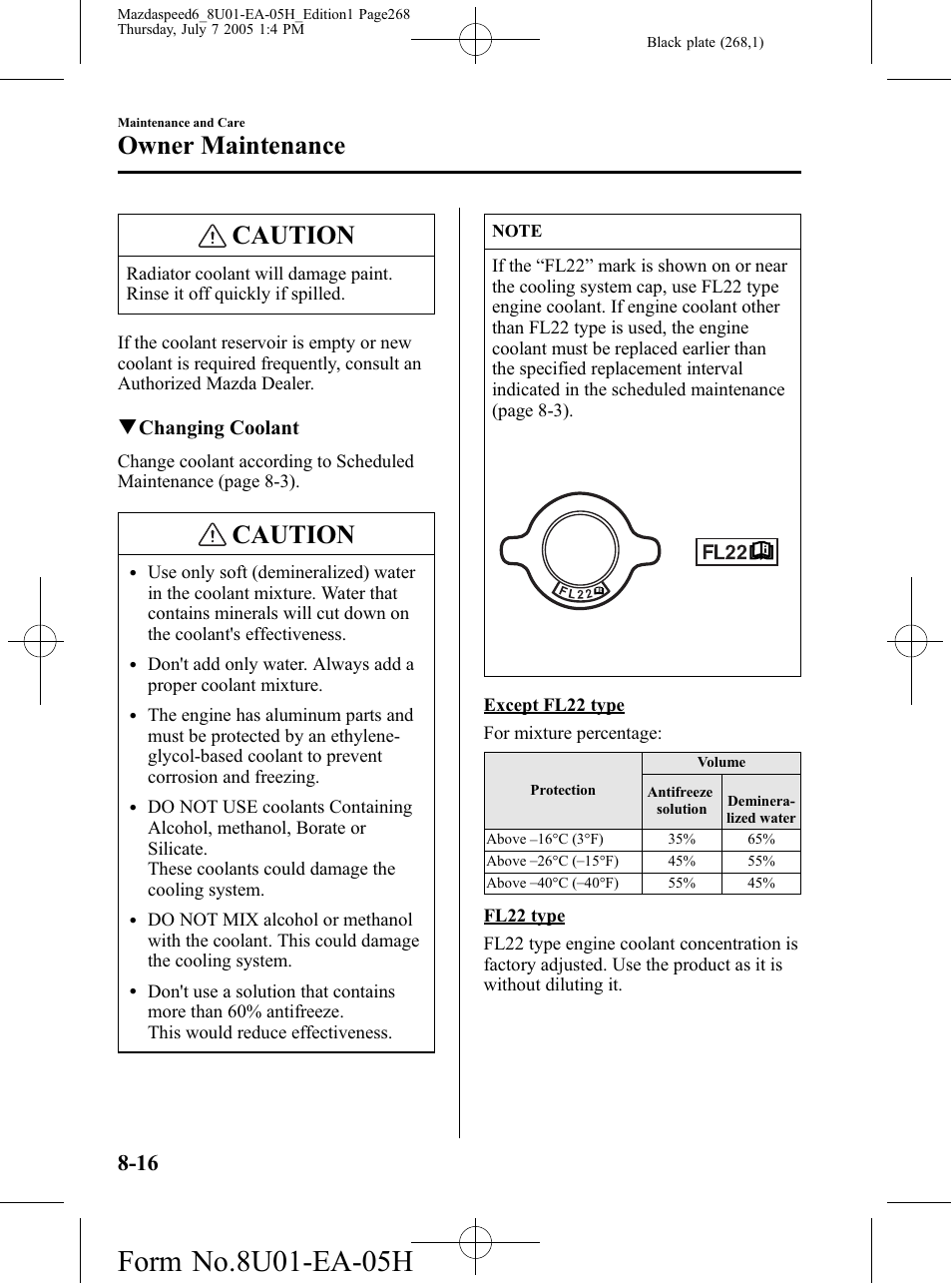 Caution, Owner maintenance, Qchanging coolant | Mazda 2006 SPEED6 User Manual | Page 268 / 354