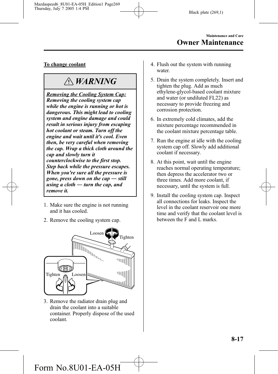Warning, Owner maintenance | Mazda 2006 SPEED6 User Manual | Page 269 / 354