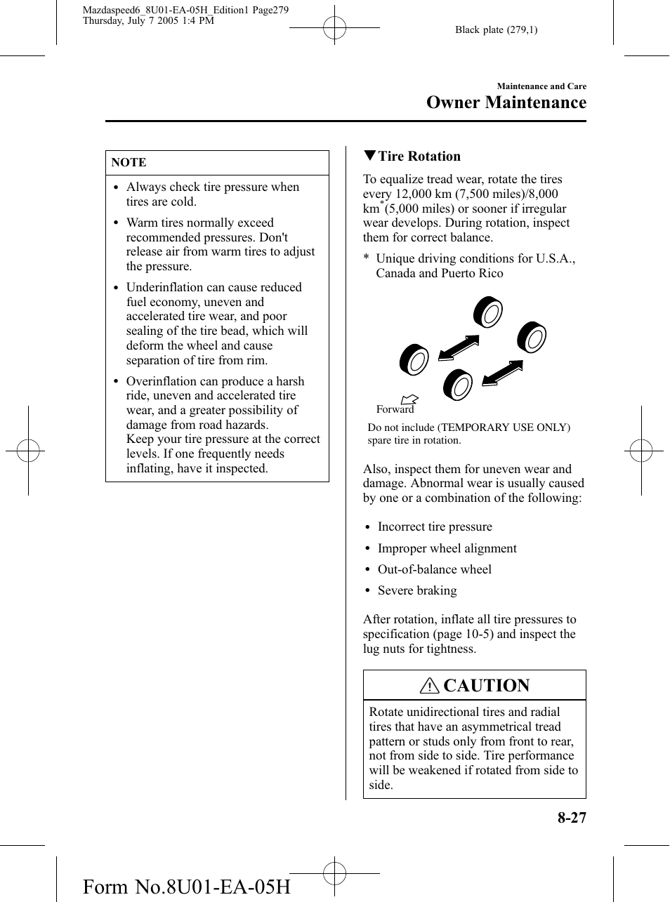 Caution, Owner maintenance, Qtire rotation | Mazda 2006 SPEED6 User Manual | Page 279 / 354