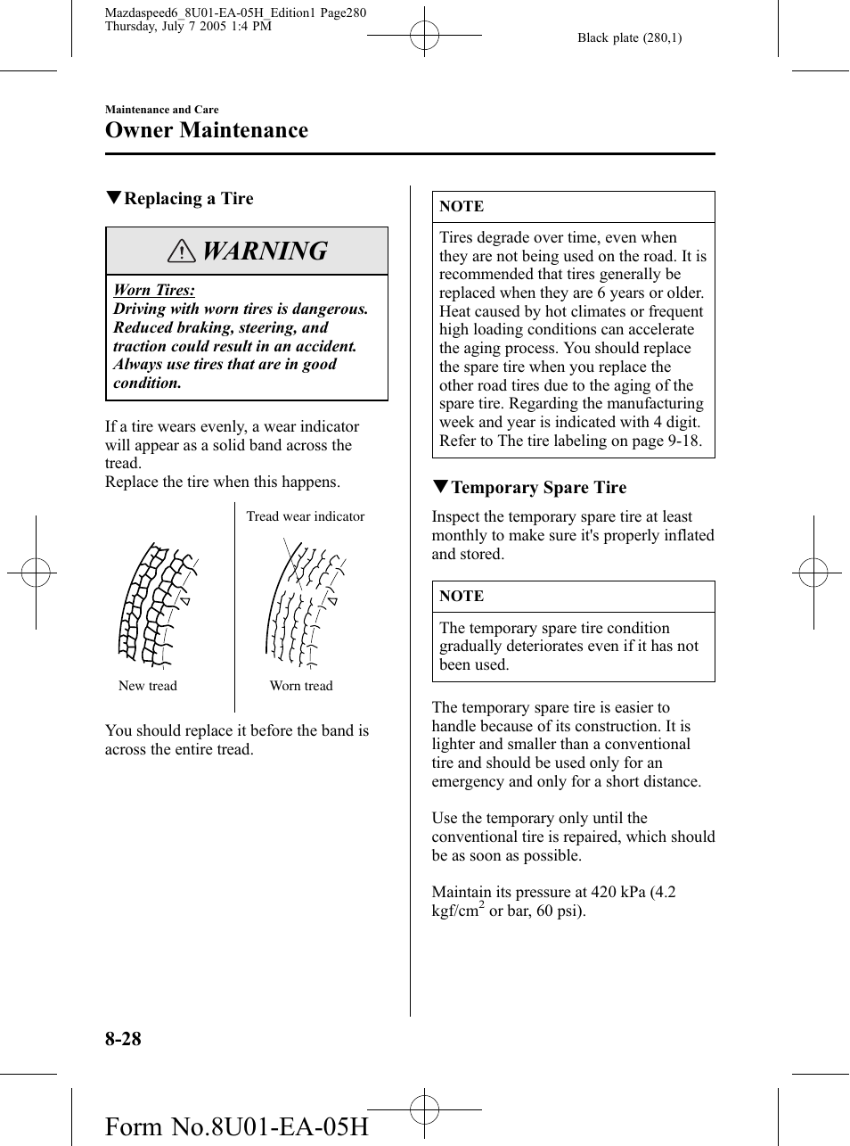 Warning, Owner maintenance | Mazda 2006 SPEED6 User Manual | Page 280 / 354