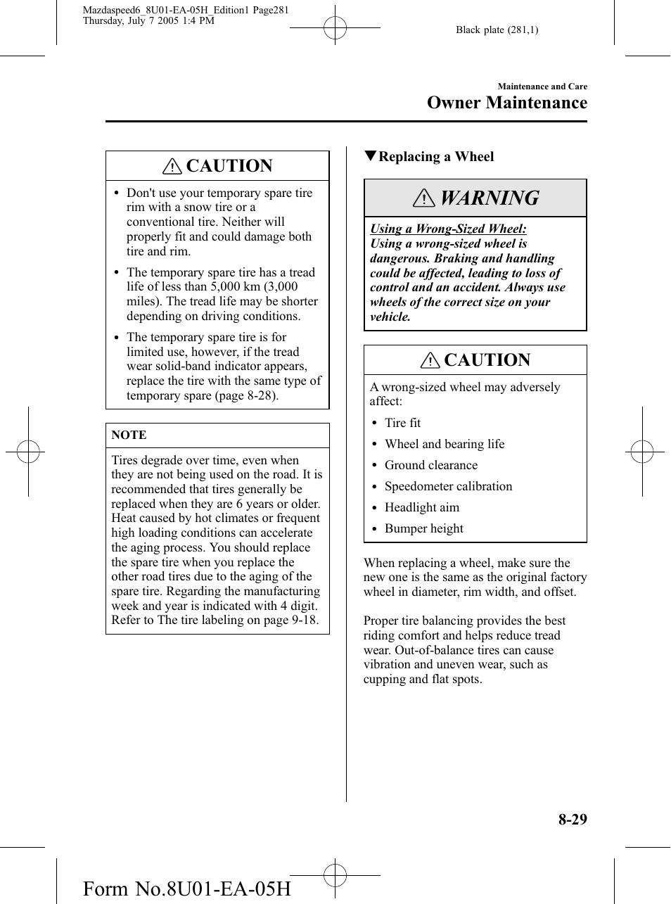 Warning, Caution, Owner maintenance | Mazda 2006 SPEED6 User Manual | Page 281 / 354