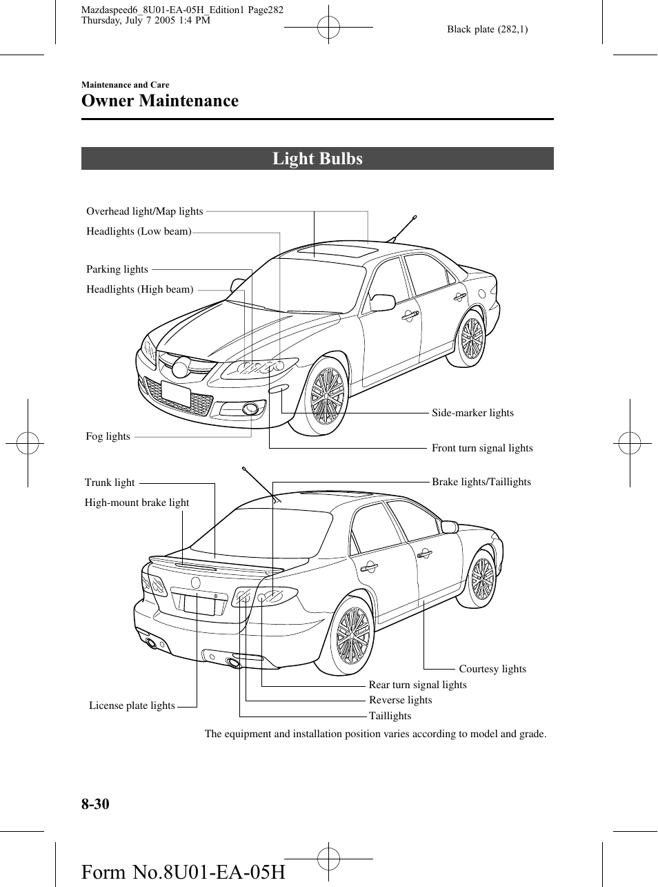 Light bulbs, Light bulbs -30, Owner maintenance | Mazda 2006 SPEED6 User Manual | Page 282 / 354