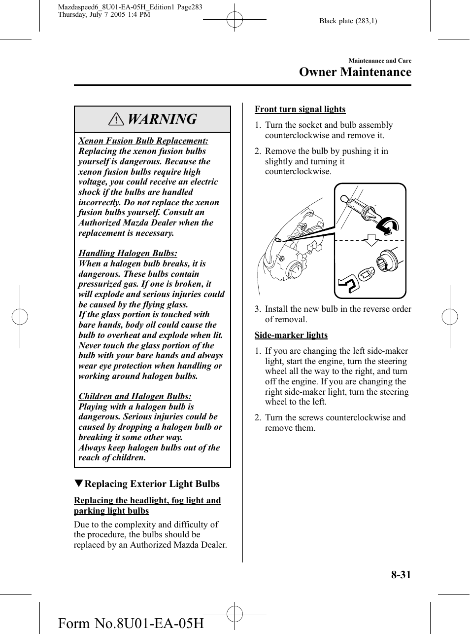 Warning, Owner maintenance | Mazda 2006 SPEED6 User Manual | Page 283 / 354