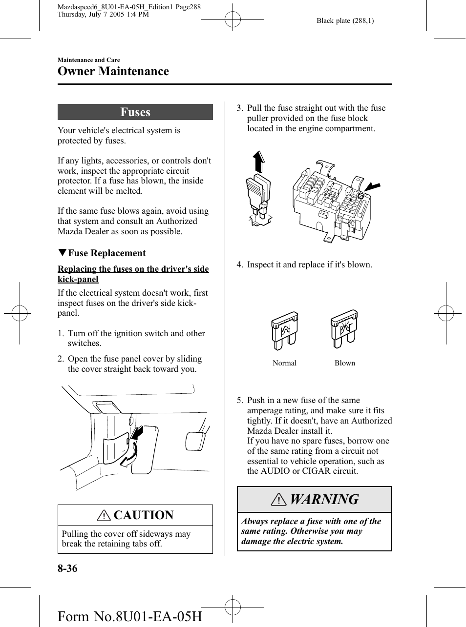 Fuses, Fuses -36, Warning | Caution, Owner maintenance | Mazda 2006 SPEED6 User Manual | Page 288 / 354