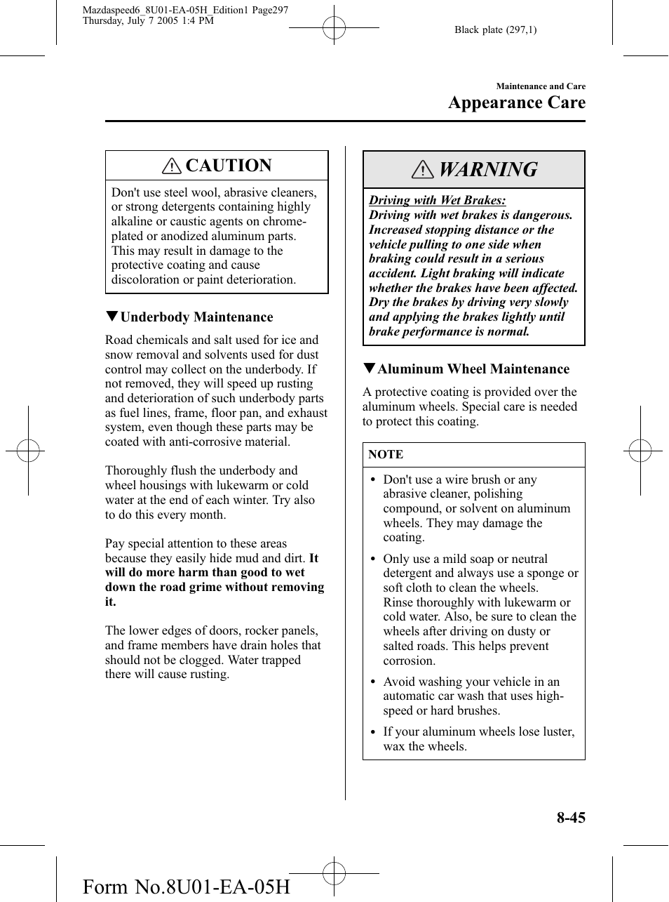 Warning, Caution, Appearance care | Mazda 2006 SPEED6 User Manual | Page 297 / 354