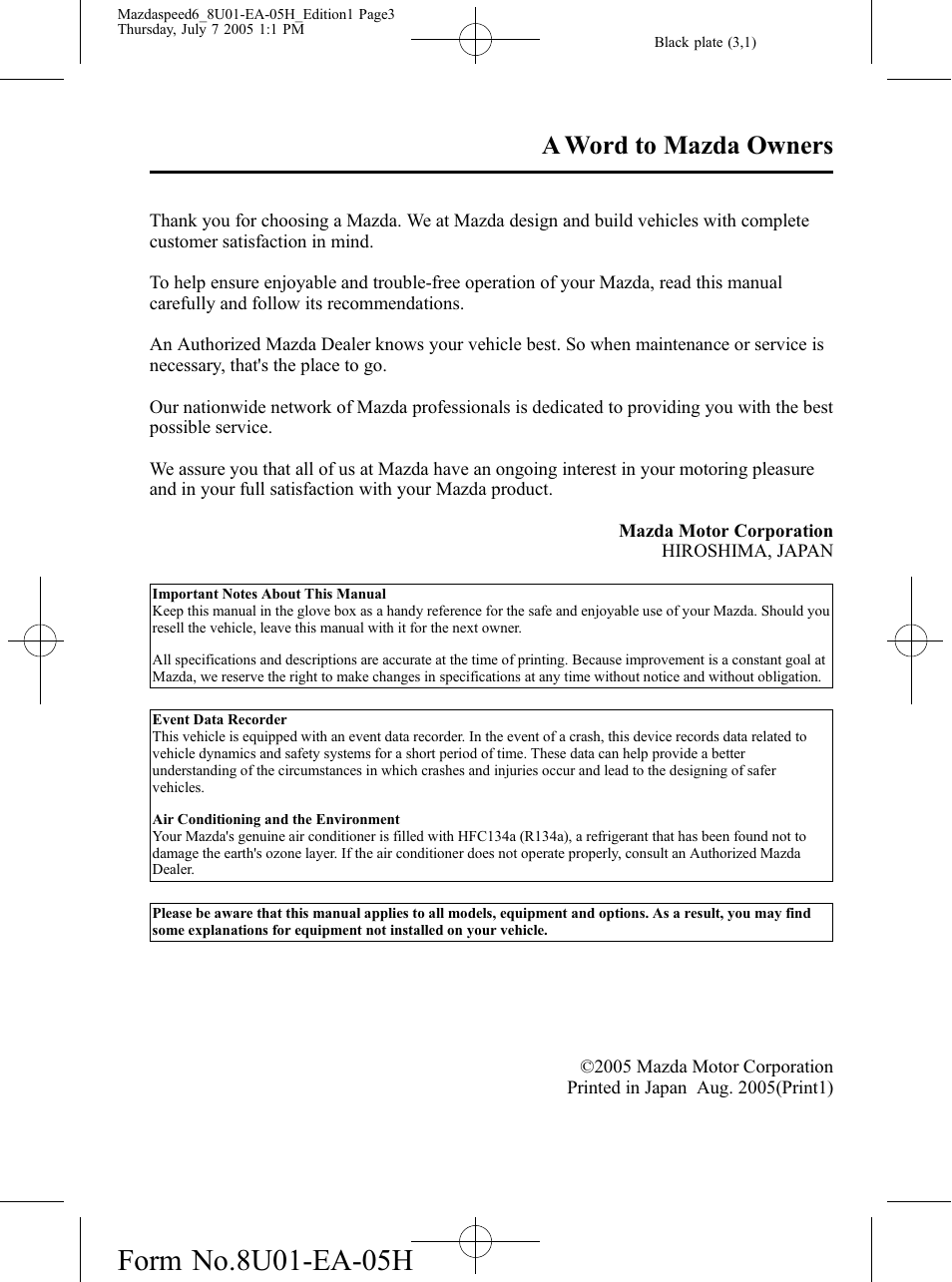 A word to mazda owners, No m-title | Mazda 2006 SPEED6 User Manual | Page 3 / 354
