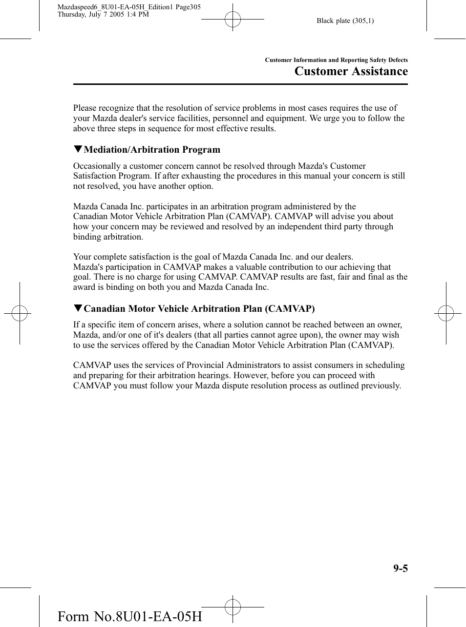 Customer assistance | Mazda 2006 SPEED6 User Manual | Page 305 / 354