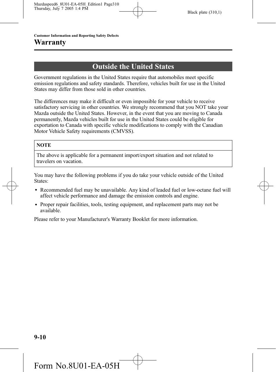 Outside the united states, Outside the united states -10, Warranty | Mazda 2006 SPEED6 User Manual | Page 310 / 354