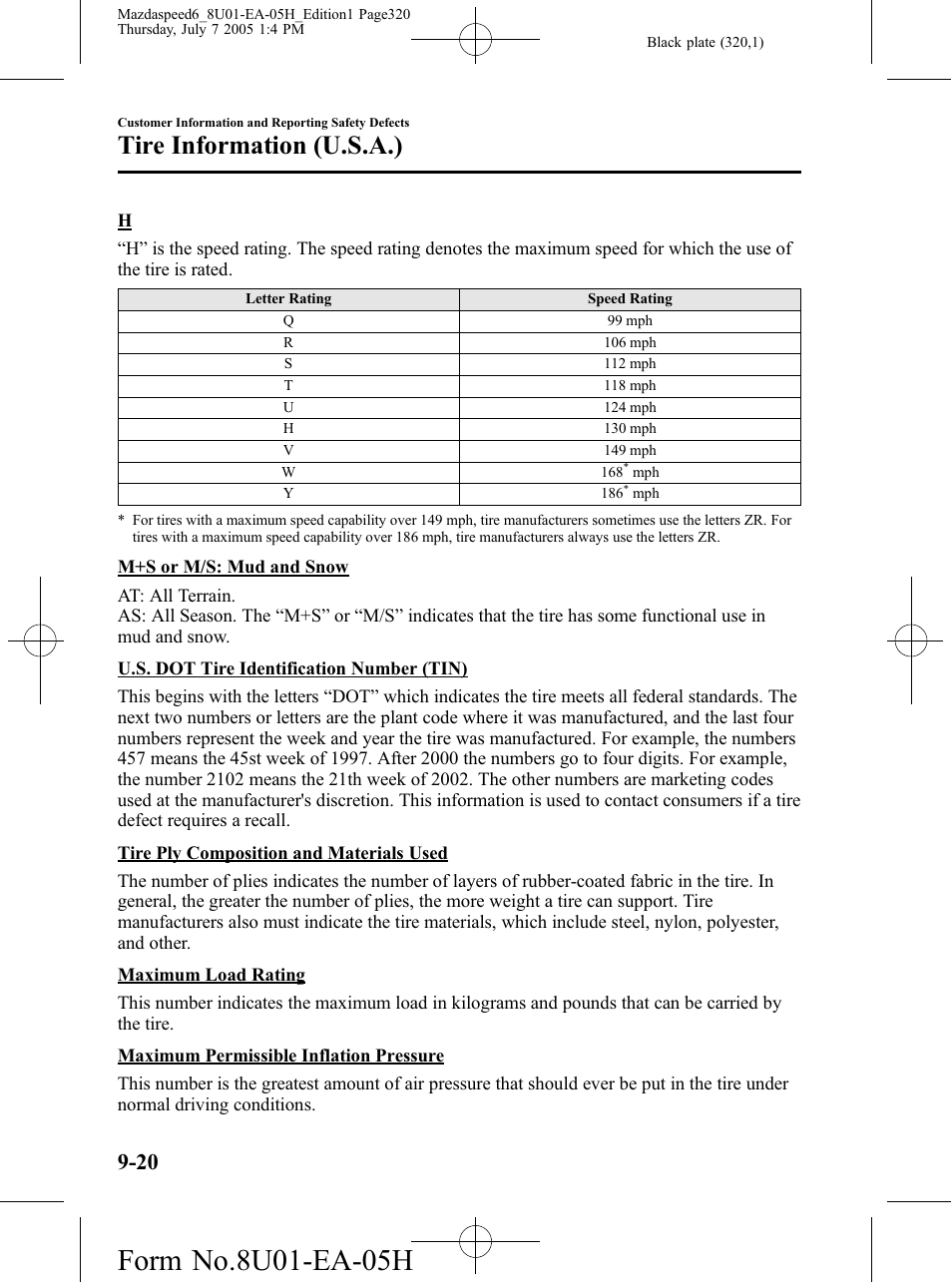 Tire information (u.s.a.) | Mazda 2006 SPEED6 User Manual | Page 320 / 354