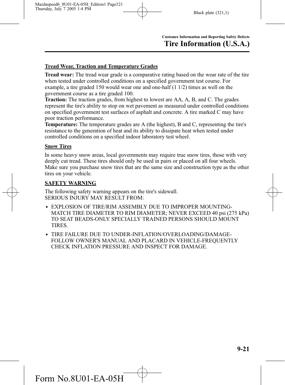 Tire information (u.s.a.) | Mazda 2006 SPEED6 User Manual | Page 321 / 354