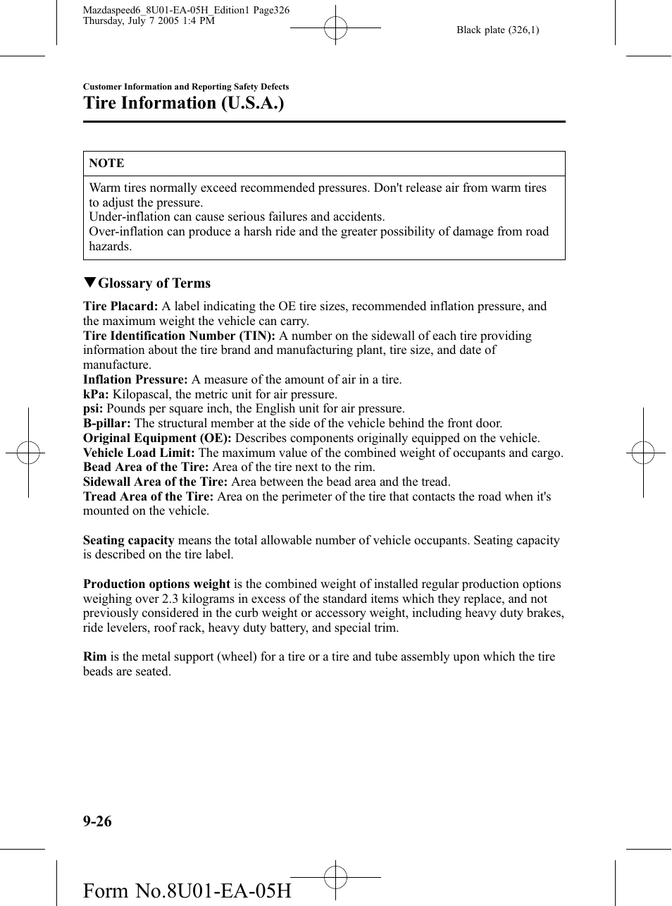 Tire information (u.s.a.) | Mazda 2006 SPEED6 User Manual | Page 326 / 354