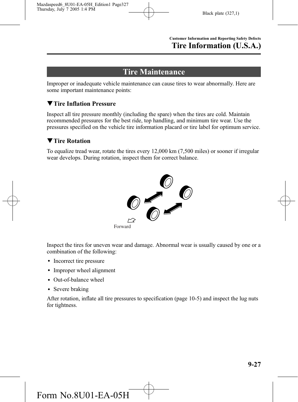 Tire maintenance, Tire maintenance -27, Tire information (u.s.a.) | Mazda 2006 SPEED6 User Manual | Page 327 / 354