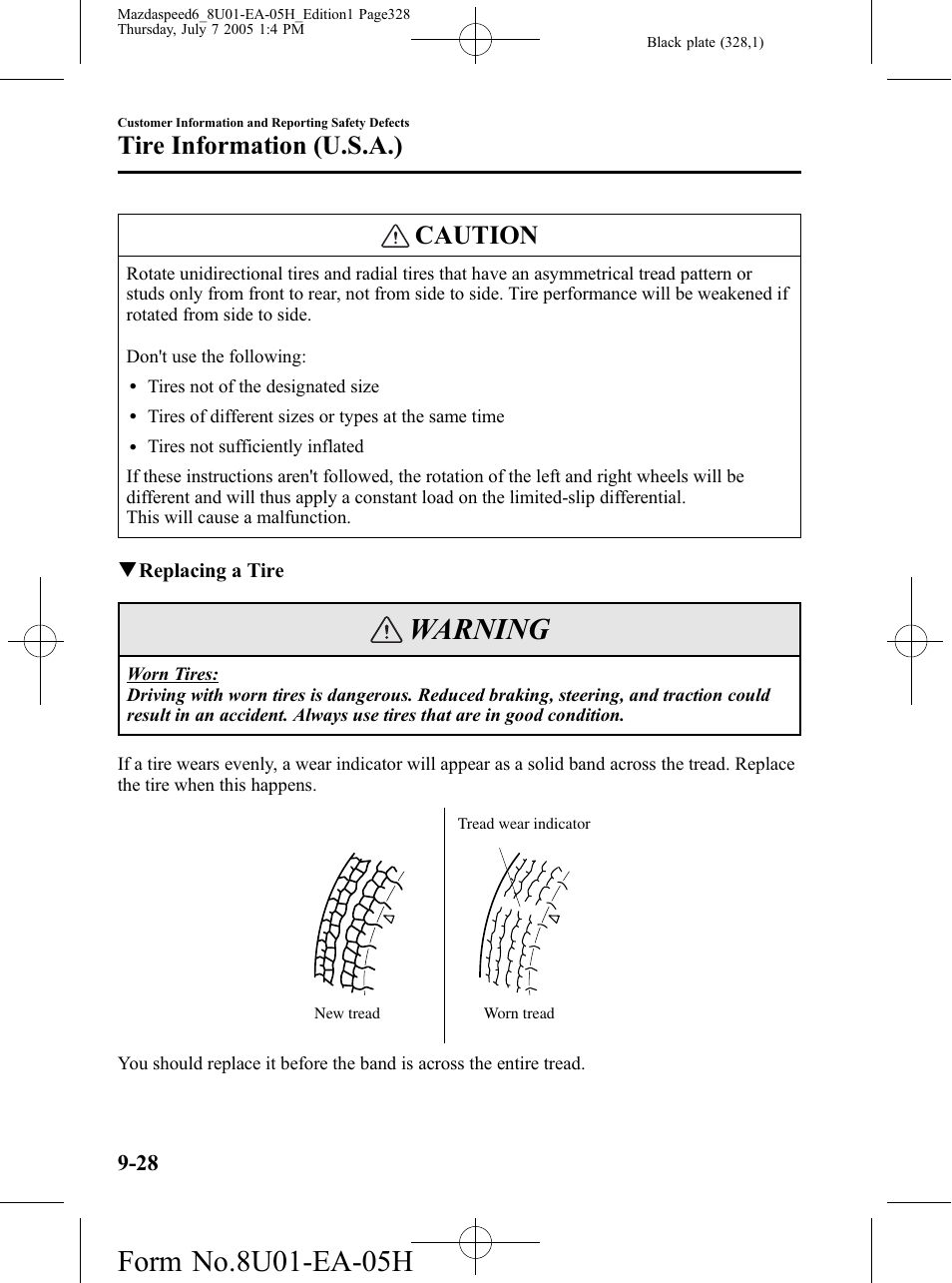 Warning, Caution, Tire information (u.s.a.) | Mazda 2006 SPEED6 User Manual | Page 328 / 354