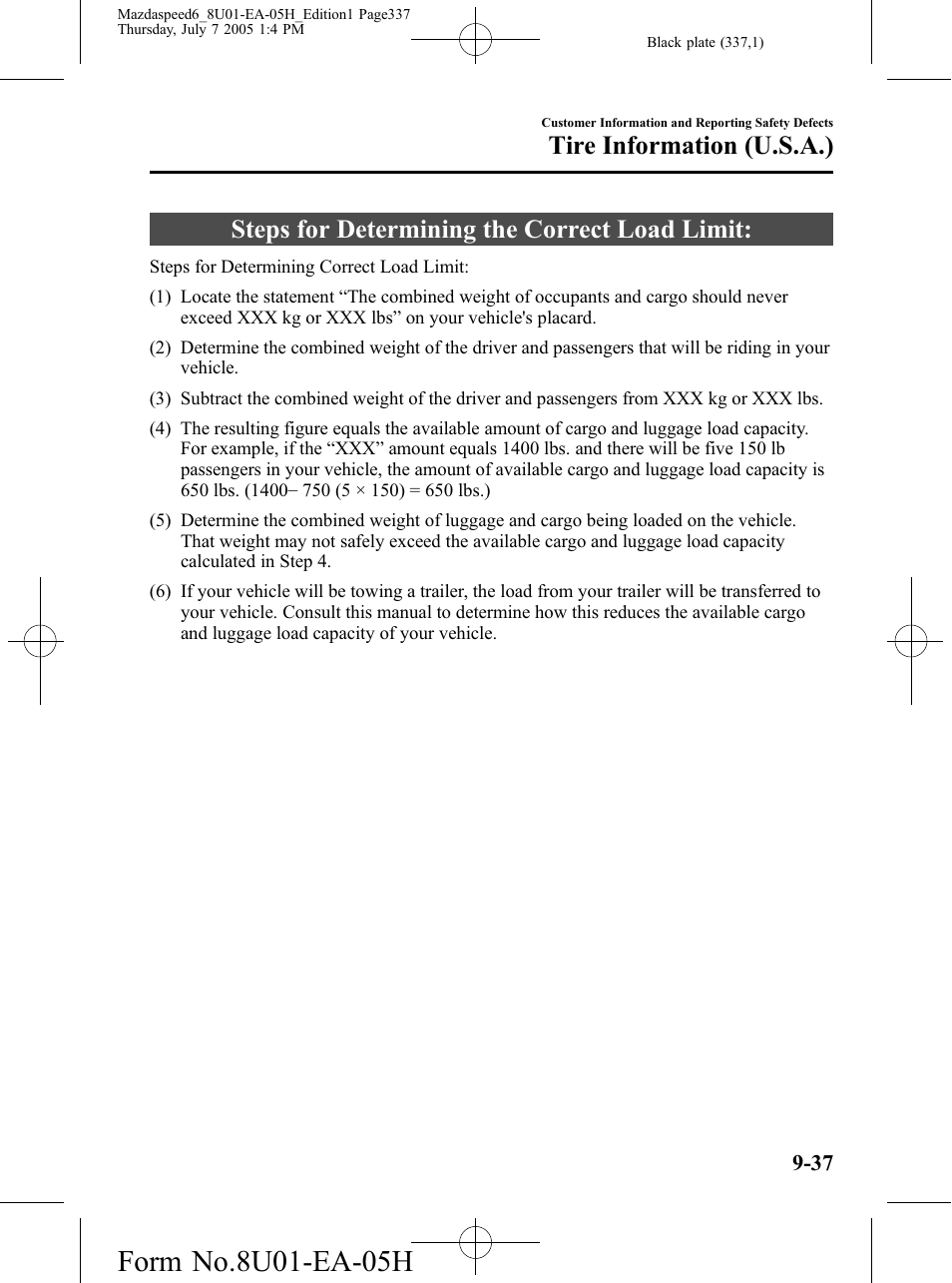 Steps for determining the correct load limit, Steps for determining the correct load limit: -37, Tire information (u.s.a.) | Mazda 2006 SPEED6 User Manual | Page 337 / 354