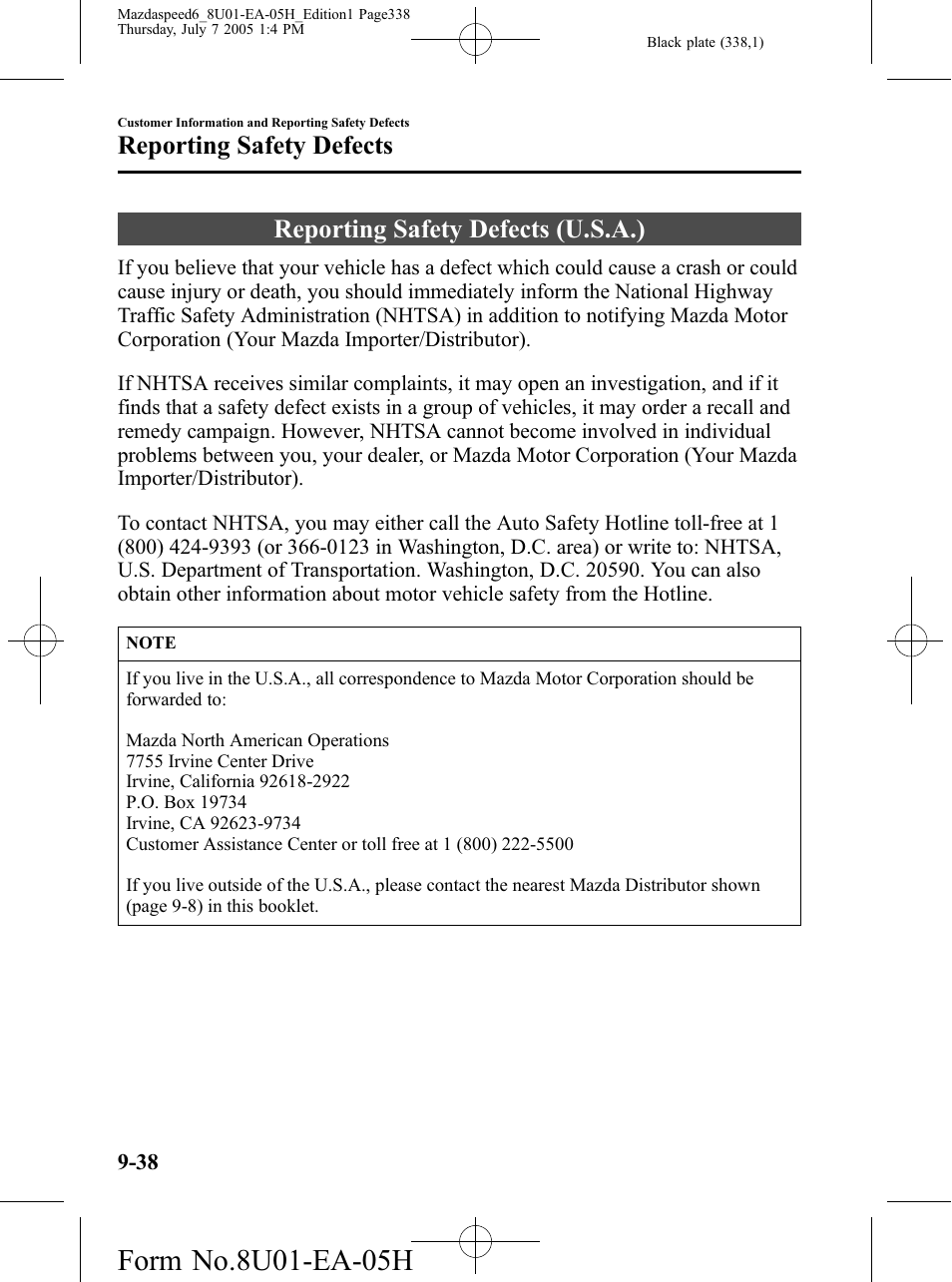 Reporting safety defects, Reporting safety defects (u.s.a.), Reporting safety defects -38 | Reporting safety defects (u.s.a.) -38 | Mazda 2006 SPEED6 User Manual | Page 338 / 354