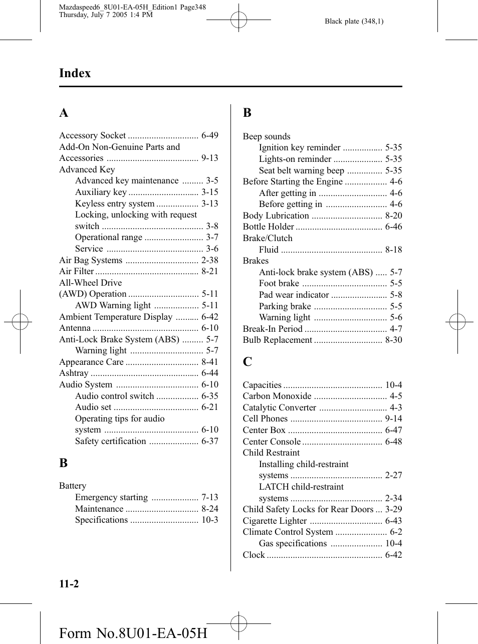 Index | Mazda 2006 SPEED6 User Manual | Page 348 / 354