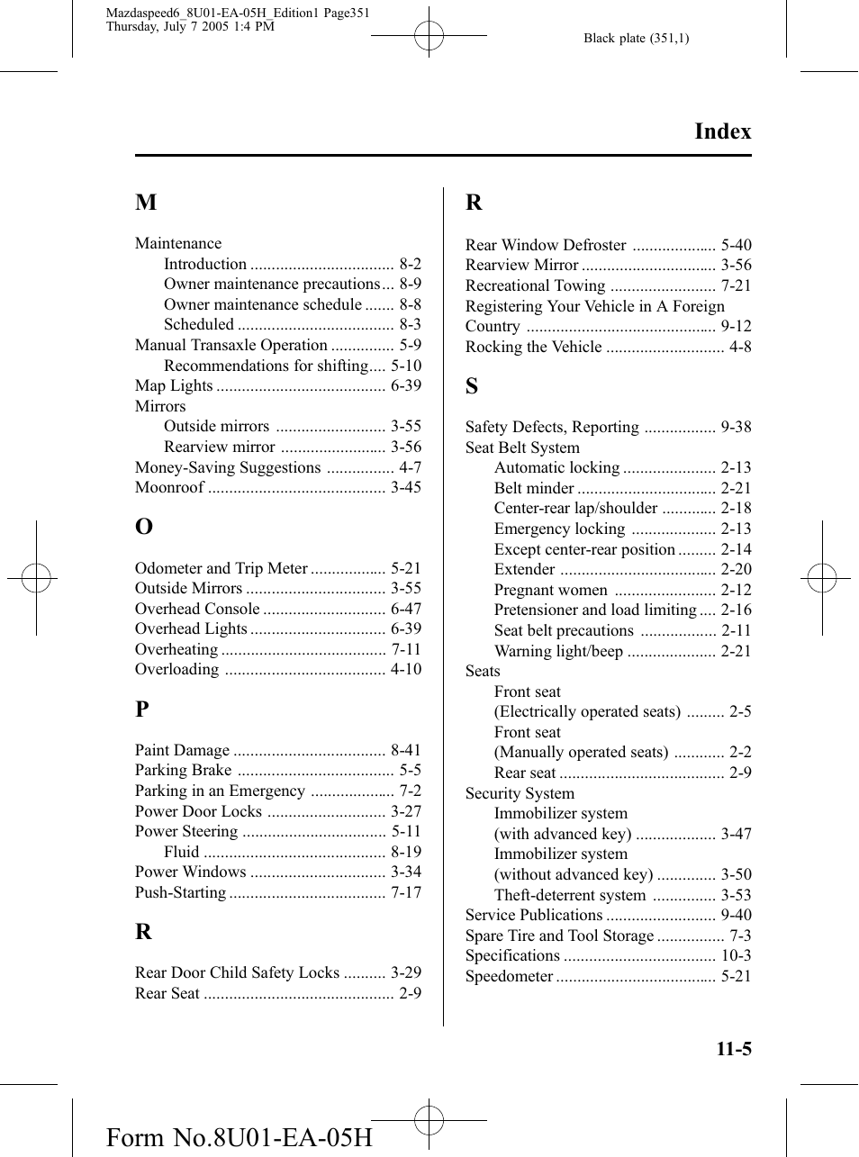 Index | Mazda 2006 SPEED6 User Manual | Page 351 / 354