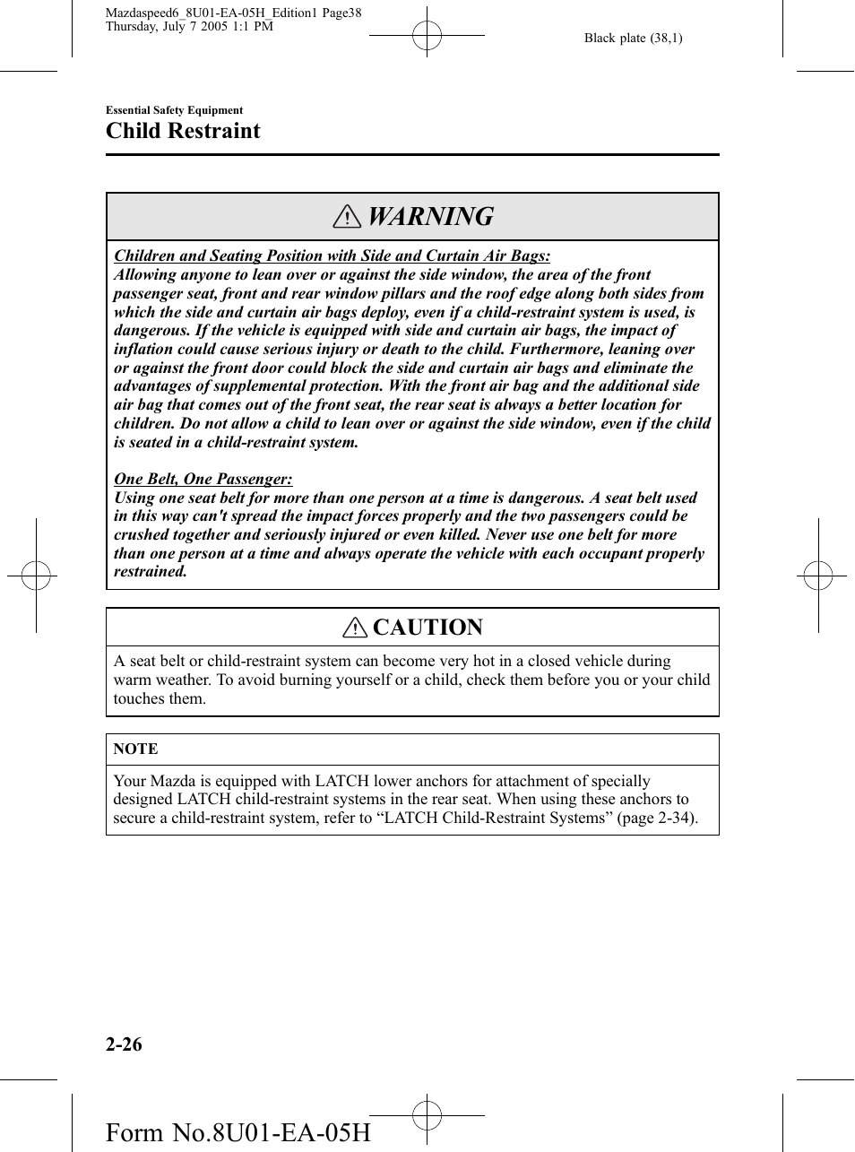 Warning, Caution, Child restraint | Mazda 2006 SPEED6 User Manual | Page 38 / 354