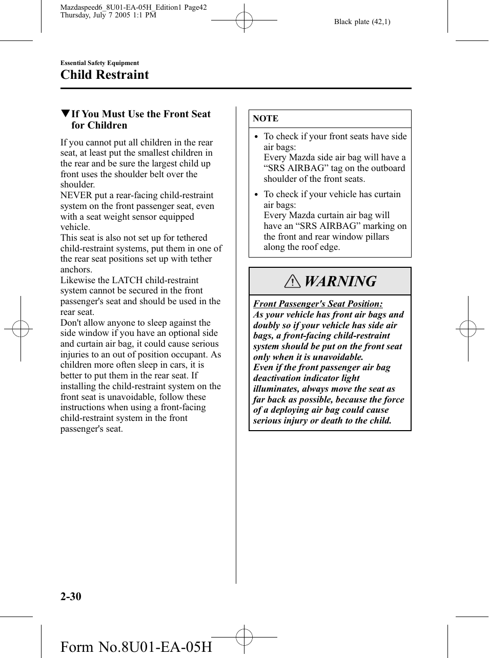 Warning, Child restraint | Mazda 2006 SPEED6 User Manual | Page 42 / 354