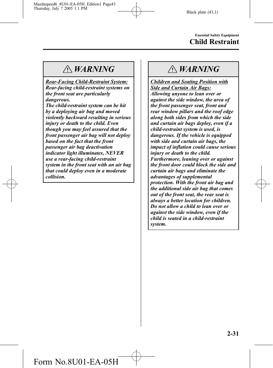 Warning, Child restraint | Mazda 2006 SPEED6 User Manual | Page 43 / 354