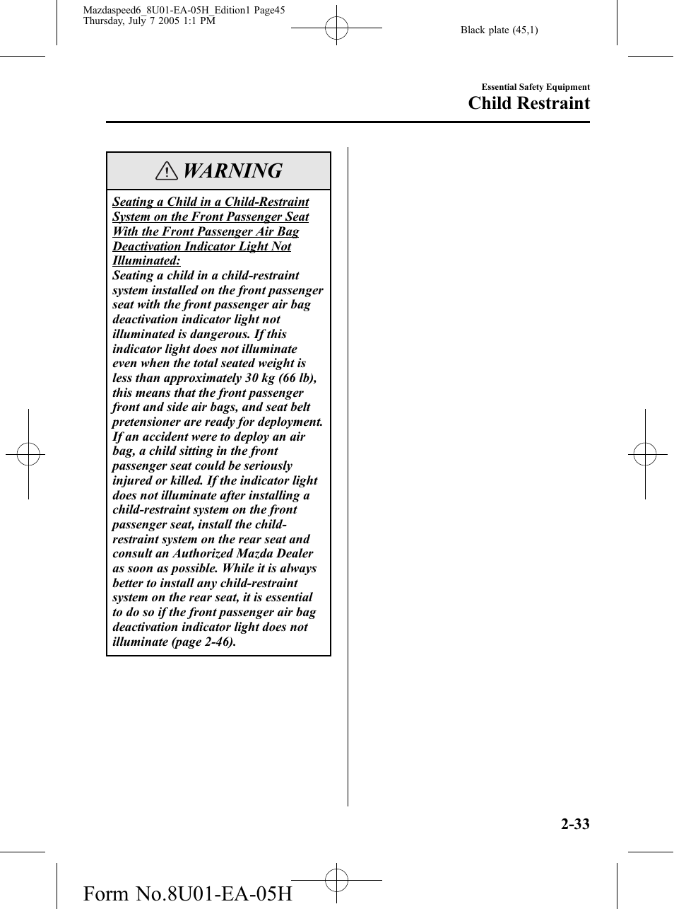 Warning, Child restraint | Mazda 2006 SPEED6 User Manual | Page 45 / 354