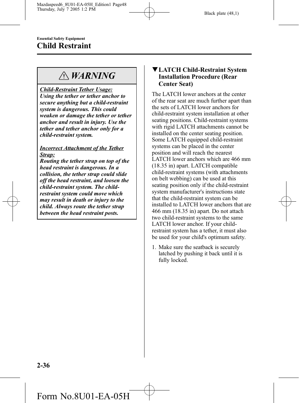 Warning, Child restraint | Mazda 2006 SPEED6 User Manual | Page 48 / 354