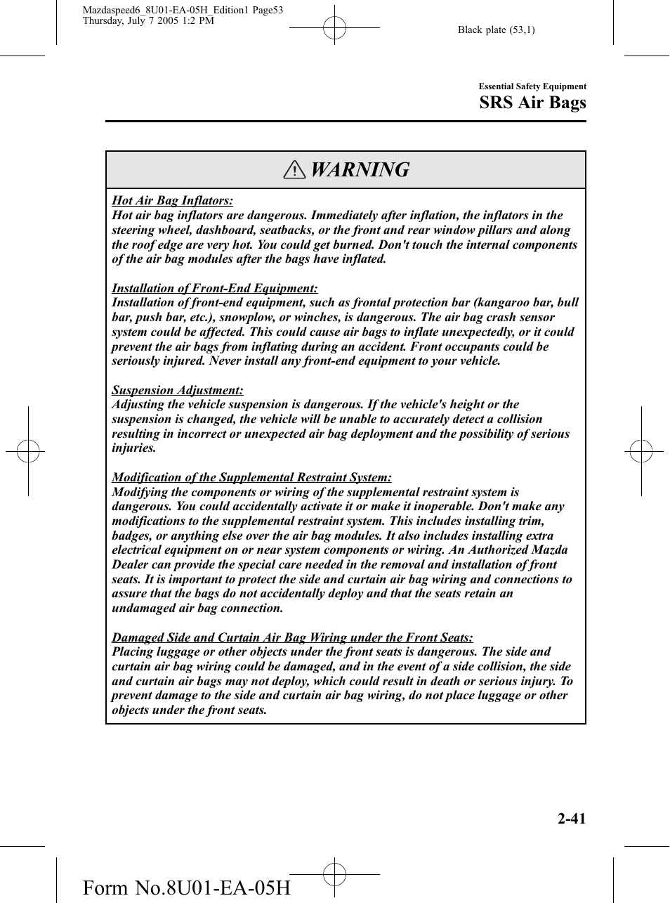 Warning, Srs air bags | Mazda 2006 SPEED6 User Manual | Page 53 / 354