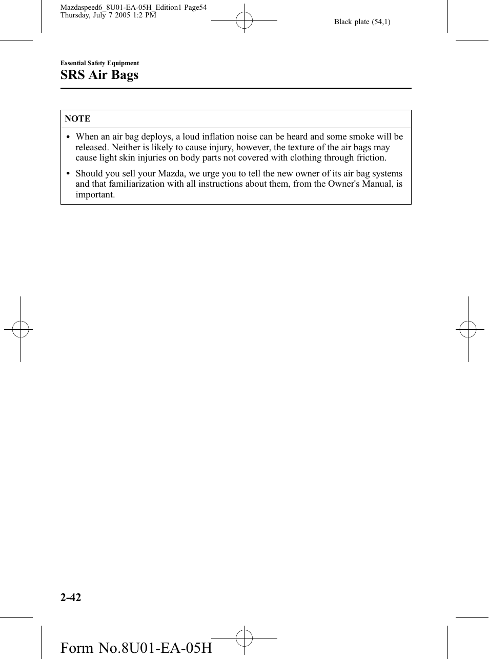 Srs air bags | Mazda 2006 SPEED6 User Manual | Page 54 / 354