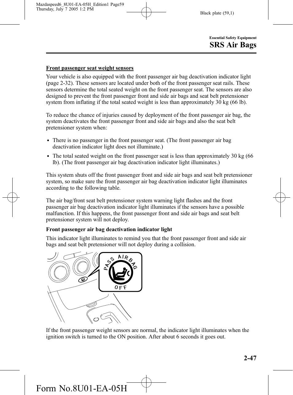Srs air bags | Mazda 2006 SPEED6 User Manual | Page 59 / 354