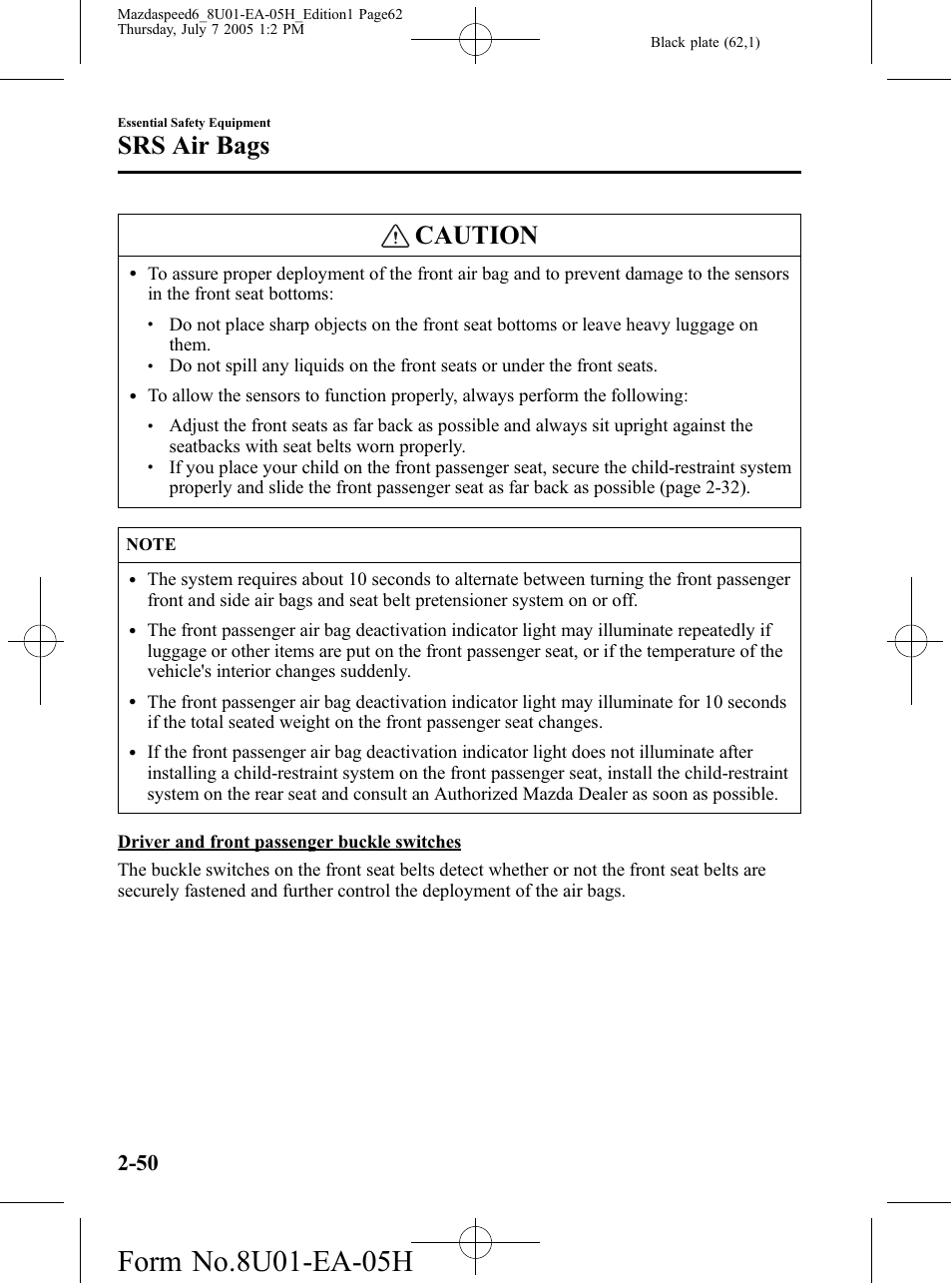 Caution, Srs air bags | Mazda 2006 SPEED6 User Manual | Page 62 / 354