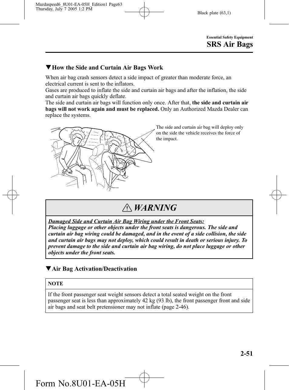 Warning, Srs air bags | Mazda 2006 SPEED6 User Manual | Page 63 / 354