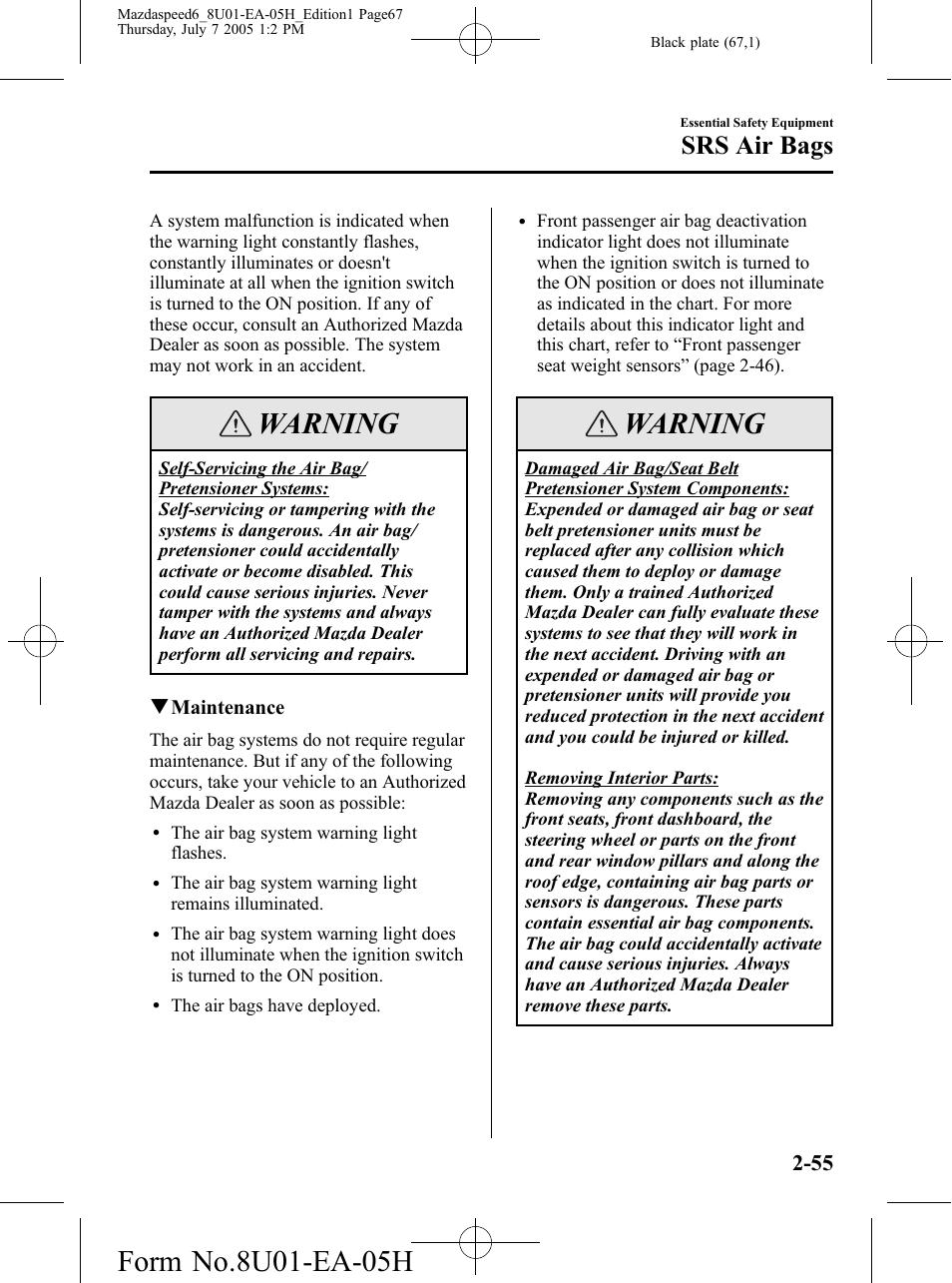 Warning, Srs air bags | Mazda 2006 SPEED6 User Manual | Page 67 / 354