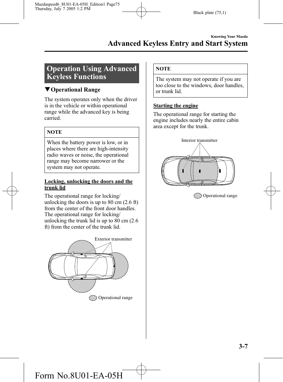 Operation using advanced keyless functions, Operation using advanced keyless functions -7, Advanced keyless entry and start system | Mazda 2006 SPEED6 User Manual | Page 75 / 354