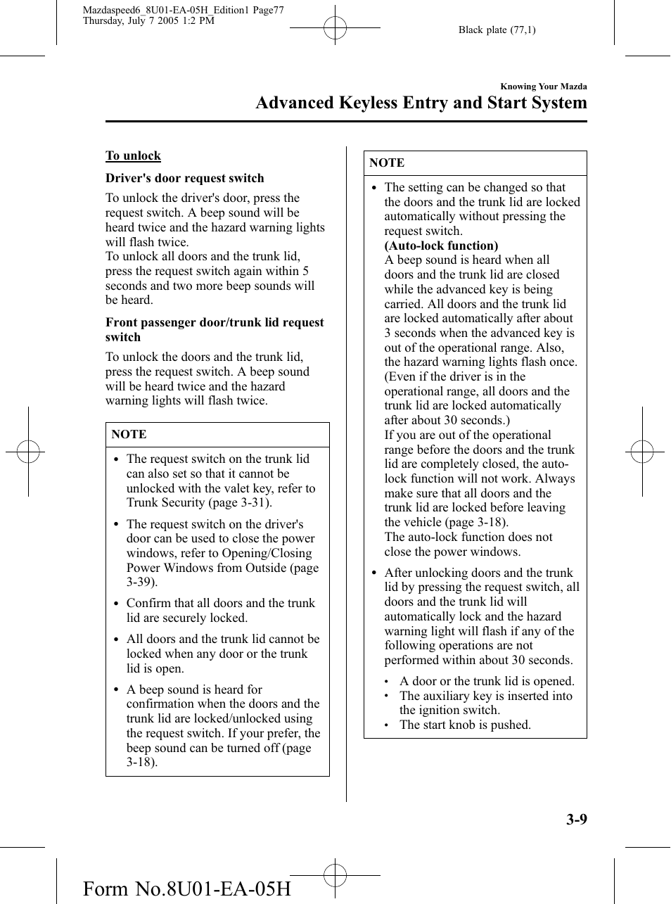 Advanced keyless entry and start system | Mazda 2006 SPEED6 User Manual | Page 77 / 354