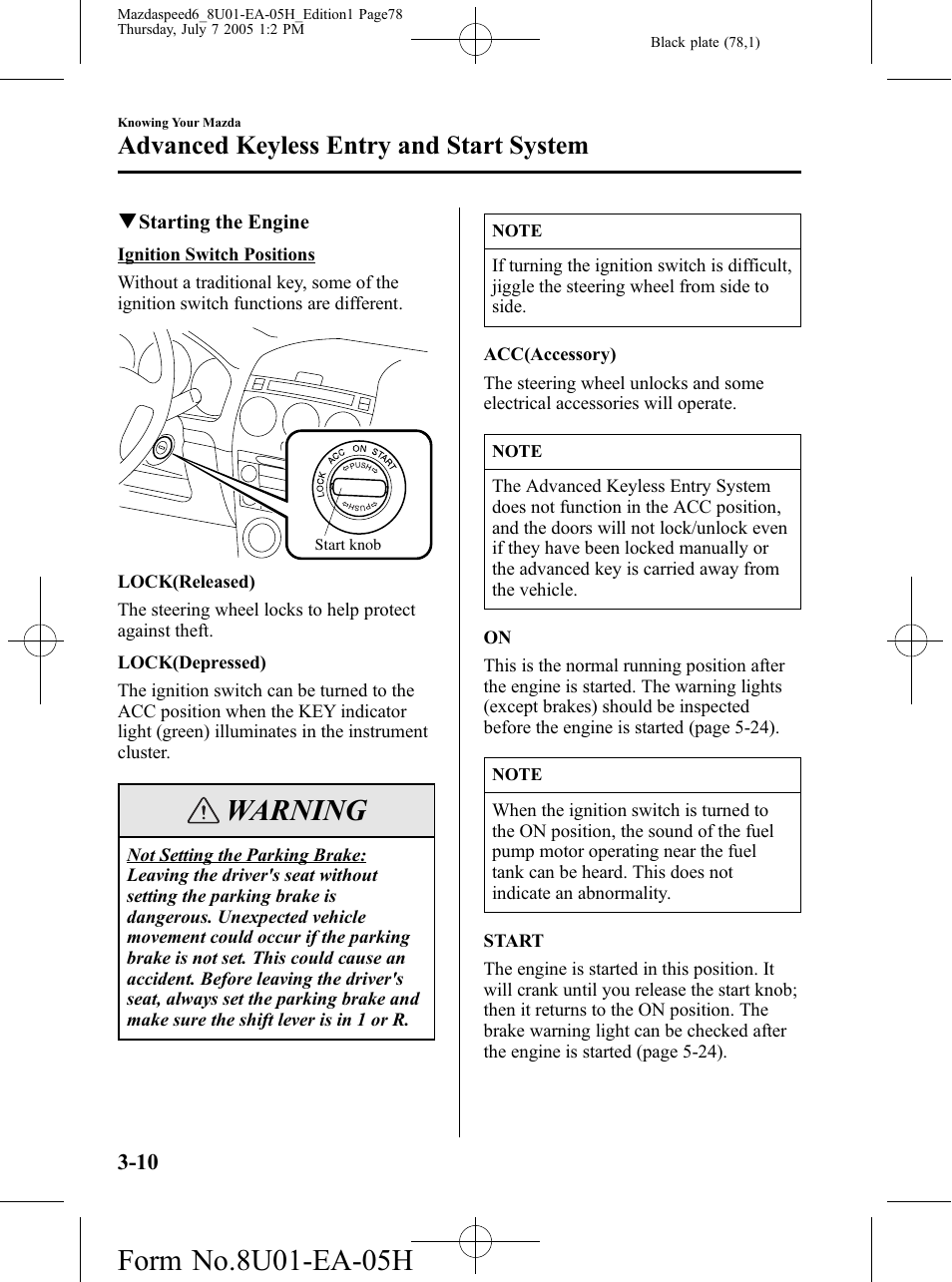 Warning, Advanced keyless entry and start system | Mazda 2006 SPEED6 User Manual | Page 78 / 354