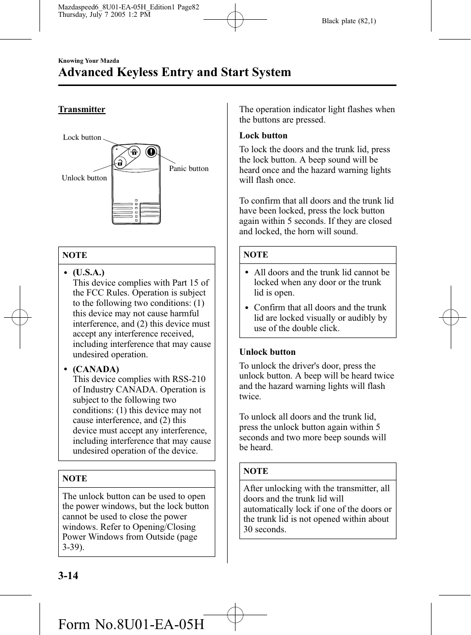 Advanced keyless entry and start system | Mazda 2006 SPEED6 User Manual | Page 82 / 354