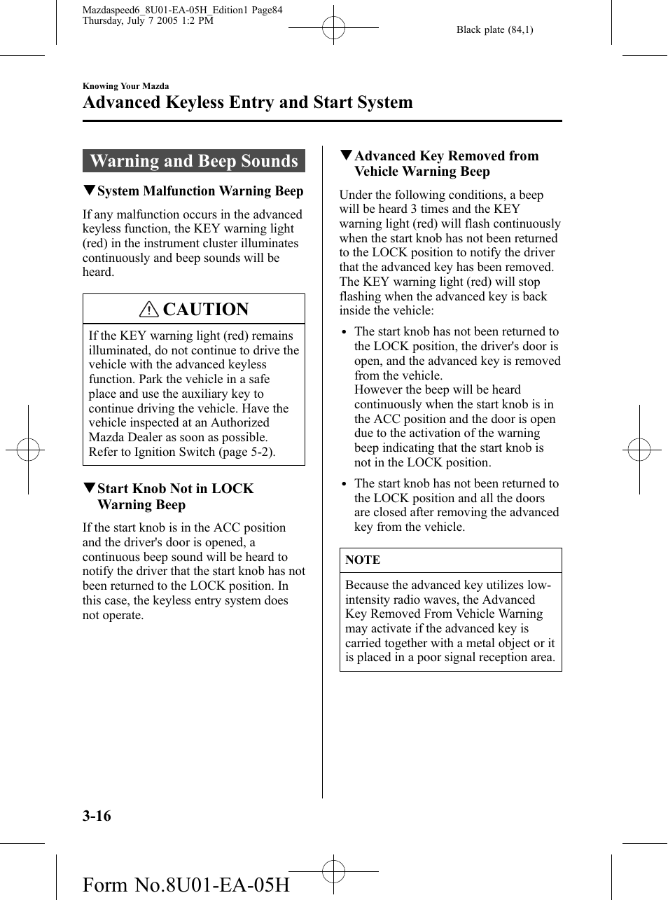Warning and beep sounds, Warning and beep sounds -16, Caution | Advanced keyless entry and start system | Mazda 2006 SPEED6 User Manual | Page 84 / 354