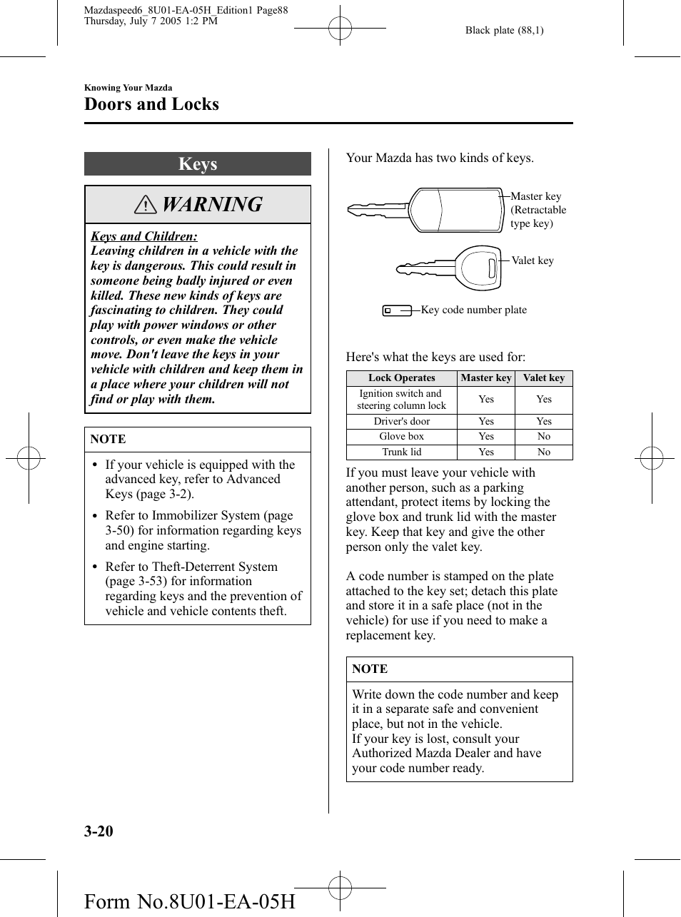 Doors and locks, Keys, Doors and locks -20 | Keys -20, Warning | Mazda 2006 SPEED6 User Manual | Page 88 / 354