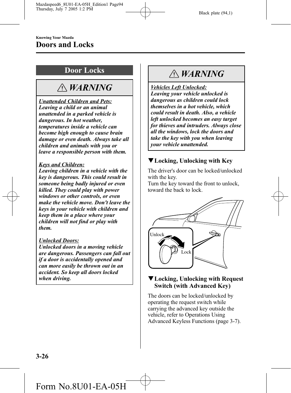 Door locks, Door locks -26, Warning | Doors and locks | Mazda 2006 SPEED6 User Manual | Page 94 / 354