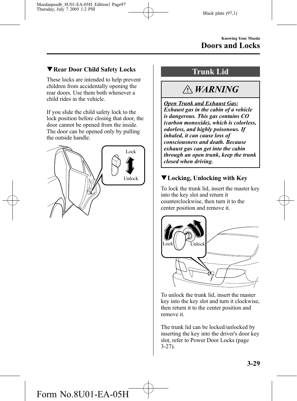 Trunk lid, Trunk lid -29, Warning | Doors and locks | Mazda 2006 SPEED6 User Manual | Page 97 / 354