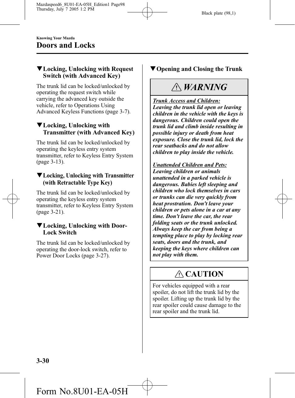 Warning, Caution, Doors and locks | Mazda 2006 SPEED6 User Manual | Page 98 / 354