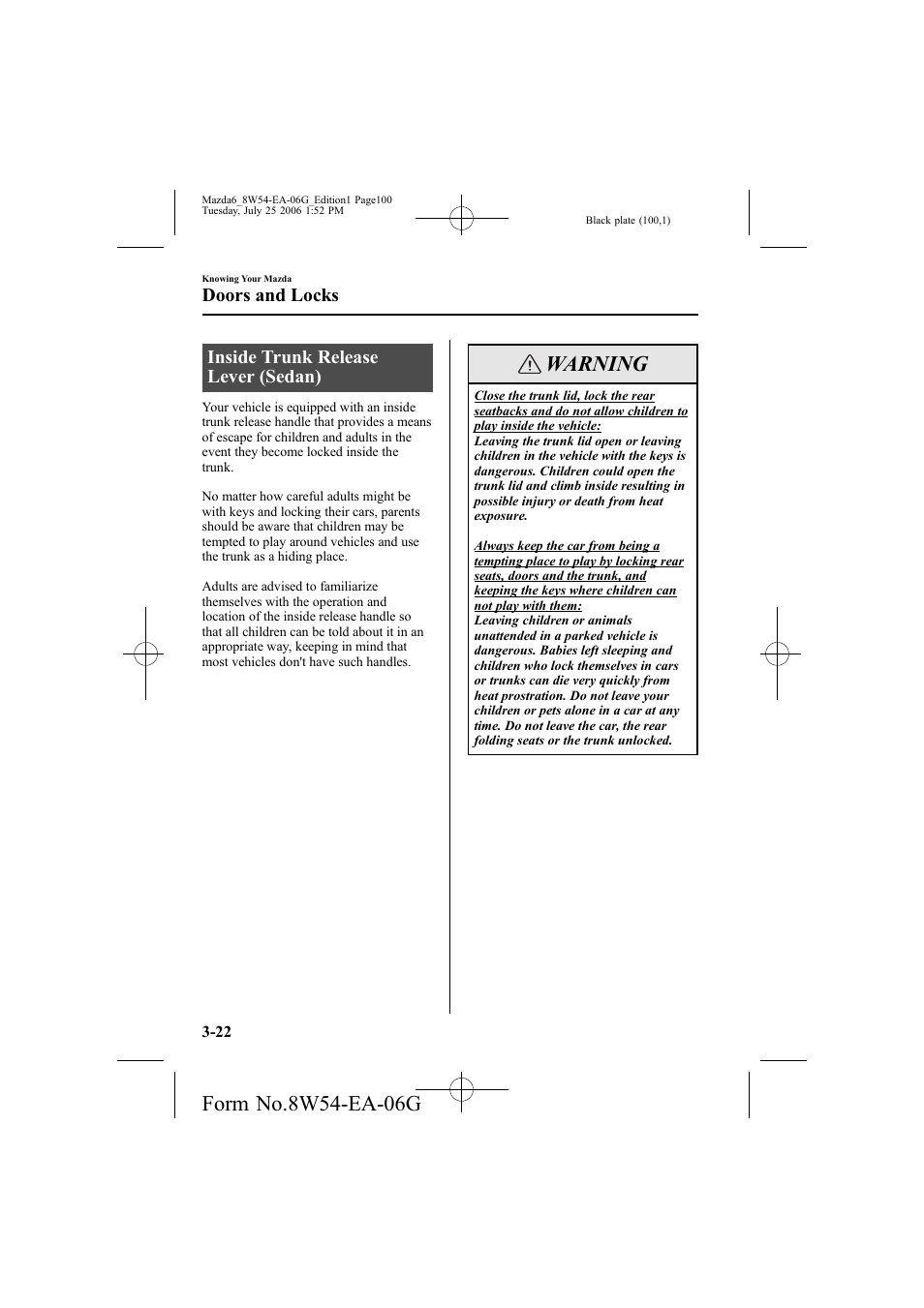 Warning, Inside trunk release lever (sedan), Doors and locks | Mazda 2007 6 SPORTS SEDAN User Manual | Page 101 / 445