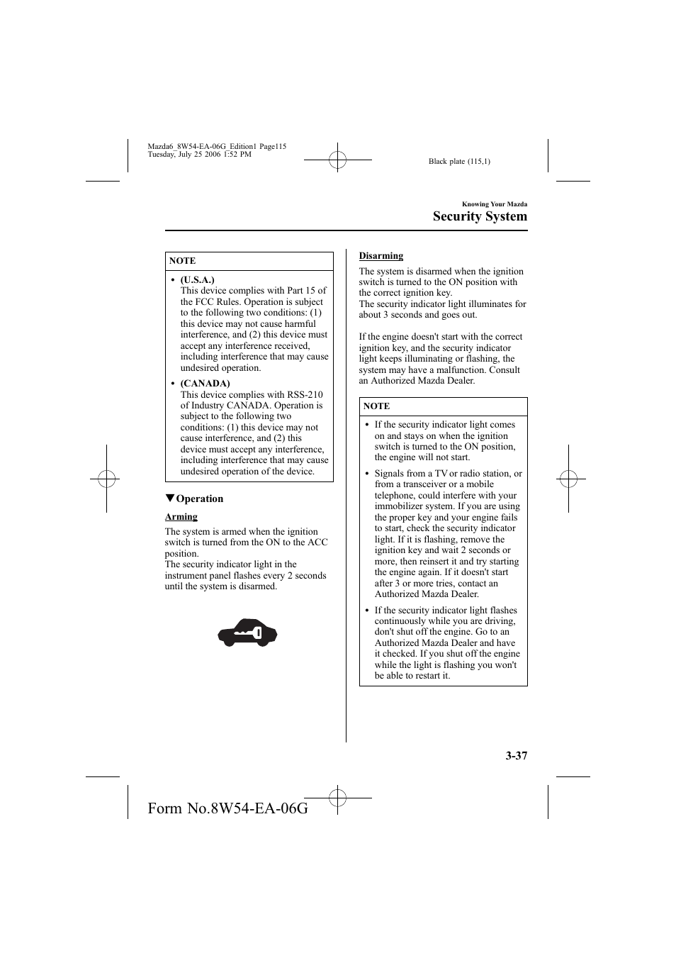 Security system | Mazda 2007 6 SPORTS SEDAN User Manual | Page 116 / 445