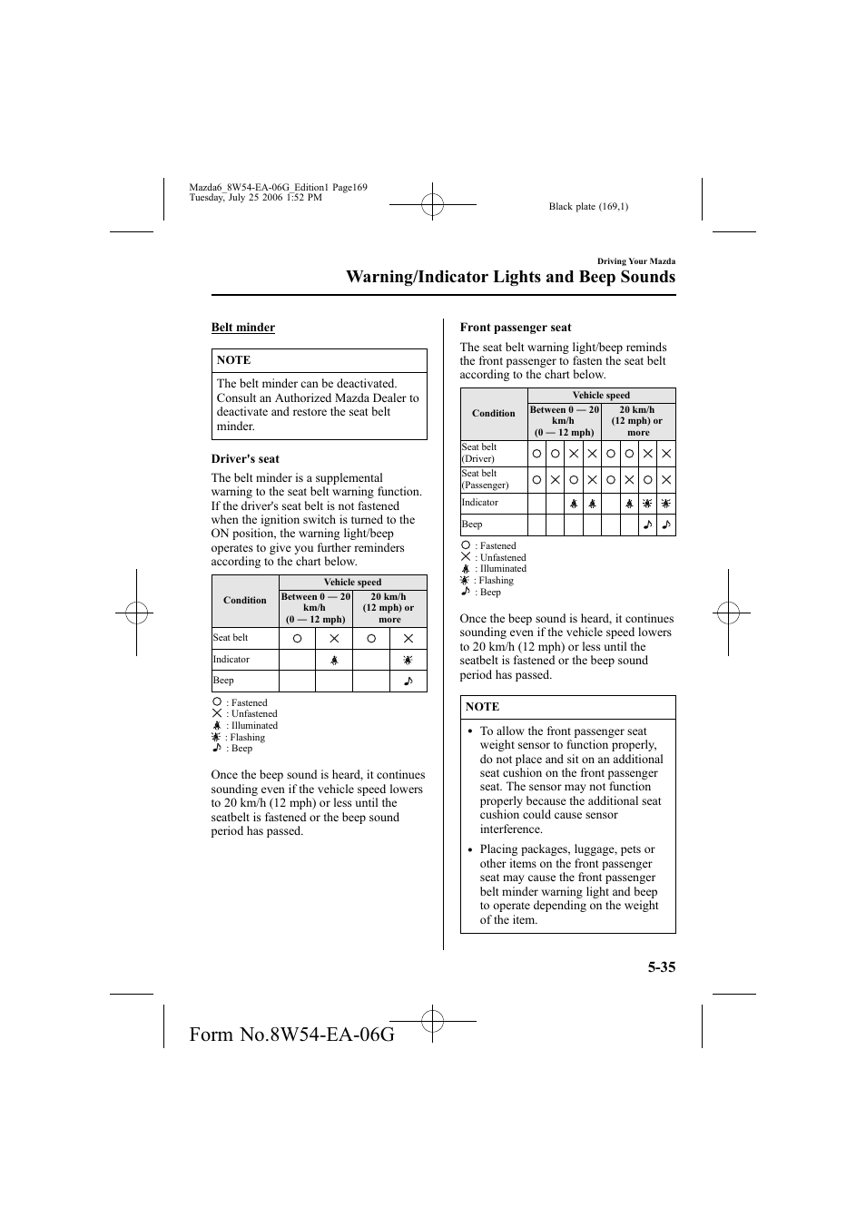 Warning/indicator lights and beep sounds | Mazda 2007 6 SPORTS SEDAN User Manual | Page 170 / 445