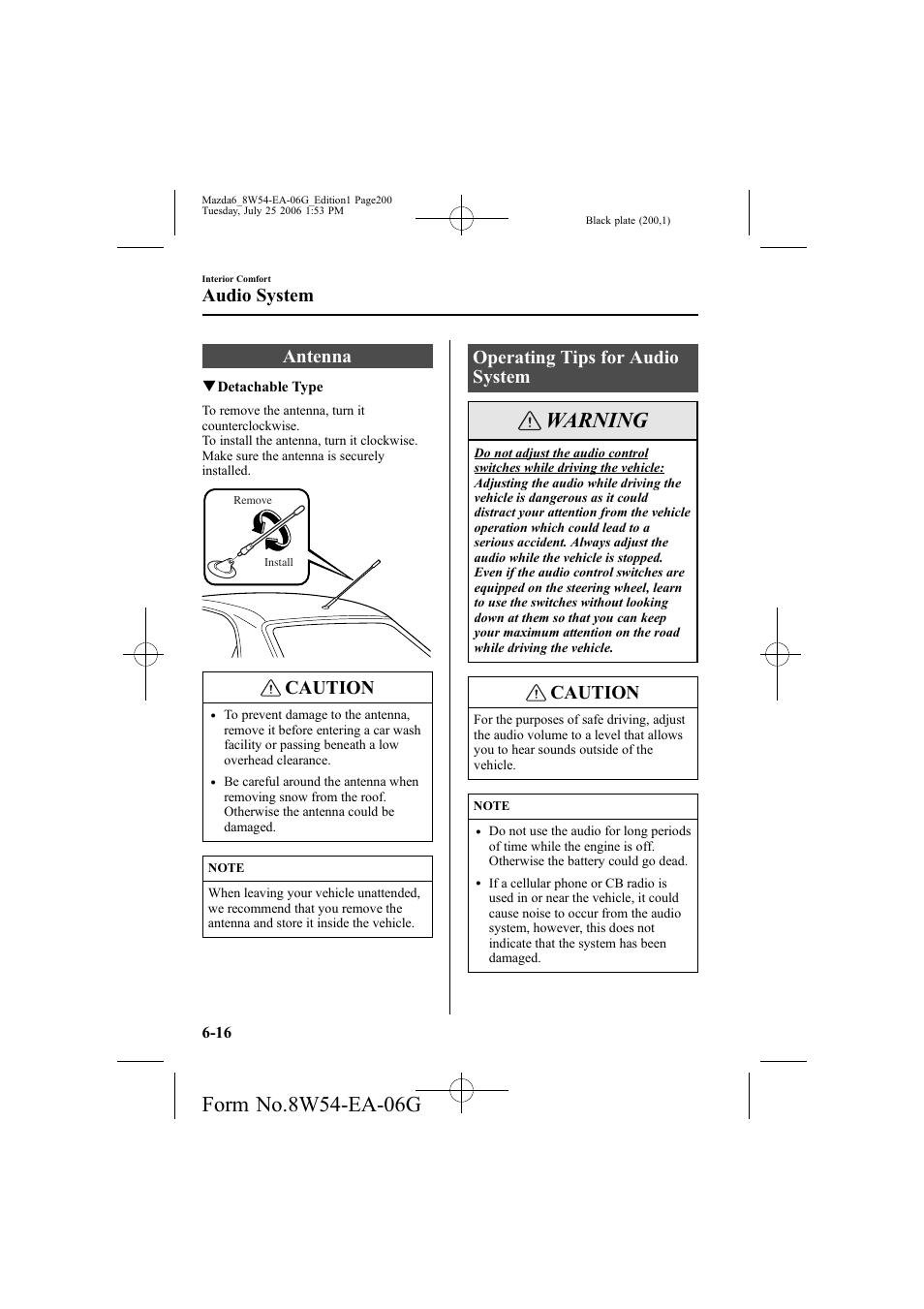 Warning, Antenna, Caution | Operating tips for audio system, Audio system | Mazda 2007 6 SPORTS SEDAN User Manual | Page 201 / 445