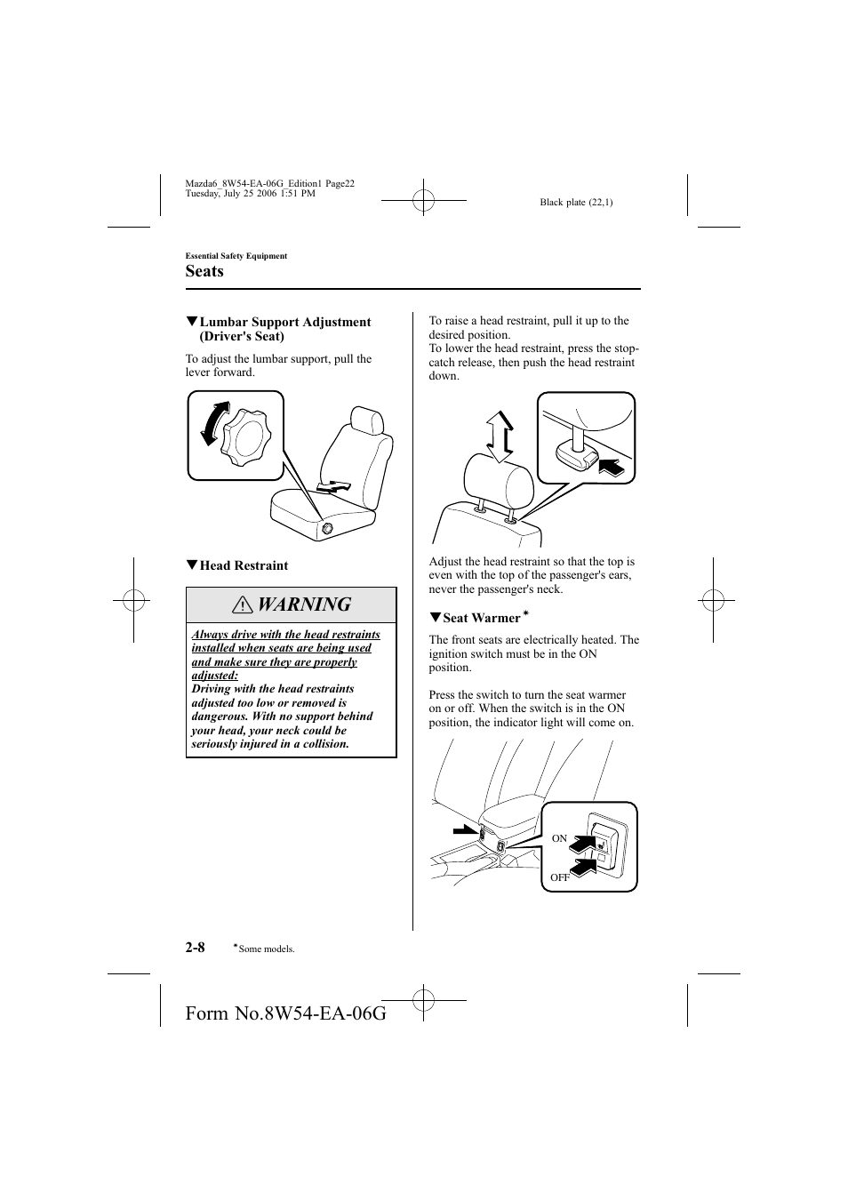 Warning, Seats | Mazda 2007 6 SPORTS SEDAN User Manual | Page 23 / 445