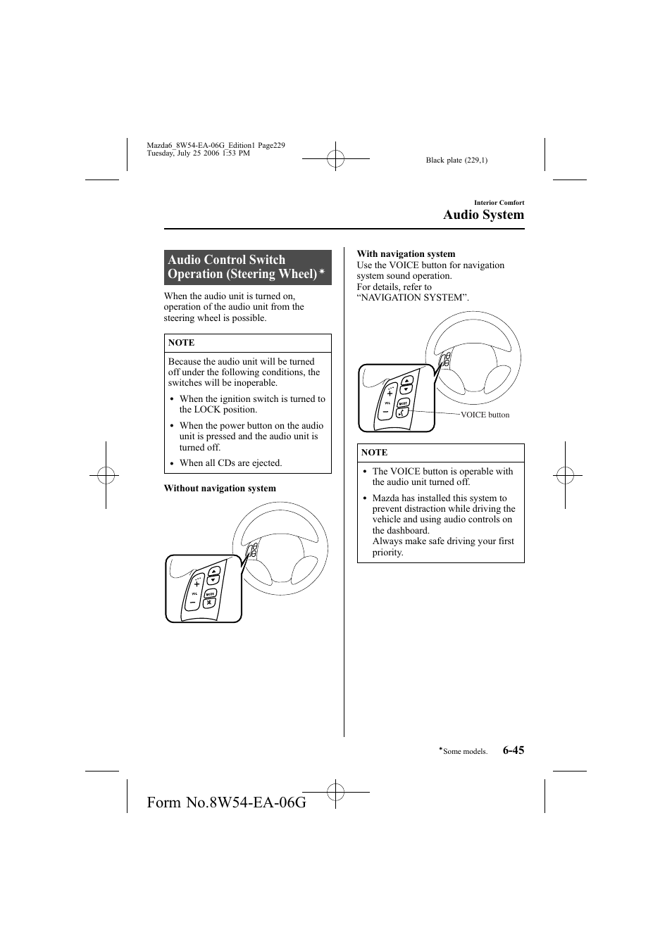 Audio control switch operation (steering wheel), Audio system | Mazda 2007 6 SPORTS SEDAN User Manual | Page 230 / 445